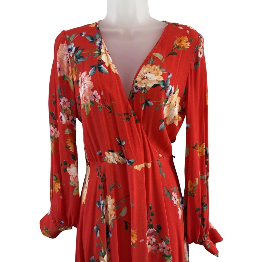 Yumi Kim Nomad Dress Womens Small Red‎ Floral Wrap Maxi Open Back Long Sleeve